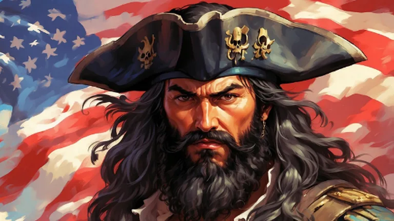 Edward Teach, Blackbeard, card art from Lost Chapters: a bearded pirate in a tricorn hat in front of a flag