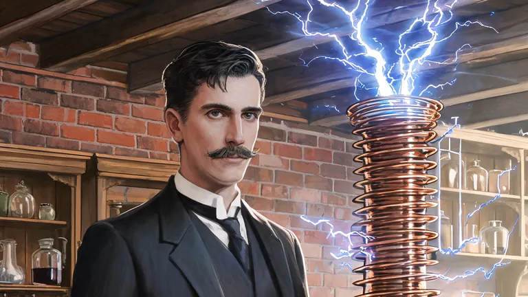 Nikola Tesla card art from Lost Chapters: Tesla in a dark suit in front of a glowing brass machine