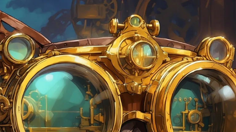 Inventor's Goggles card art from Lost Chapters: brass goggles with green lenses