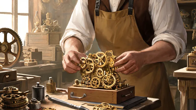 The Workshop card art from Lost Chapters: an inventor at a brass machine with a glowing bulb