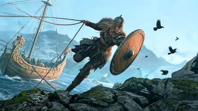A raider leaps from a longship