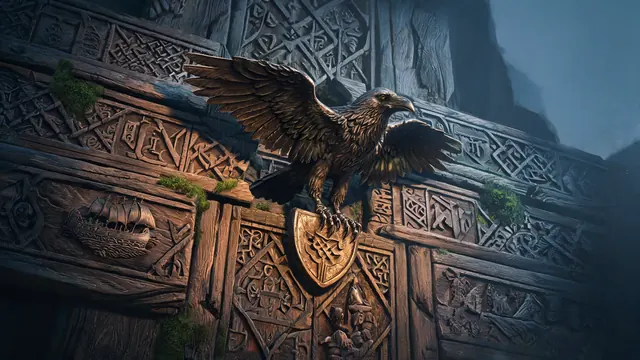 A raven perched on a carved relic